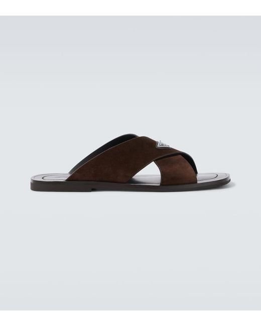 Prada Brown Logo Suede And Leather Sandals for men