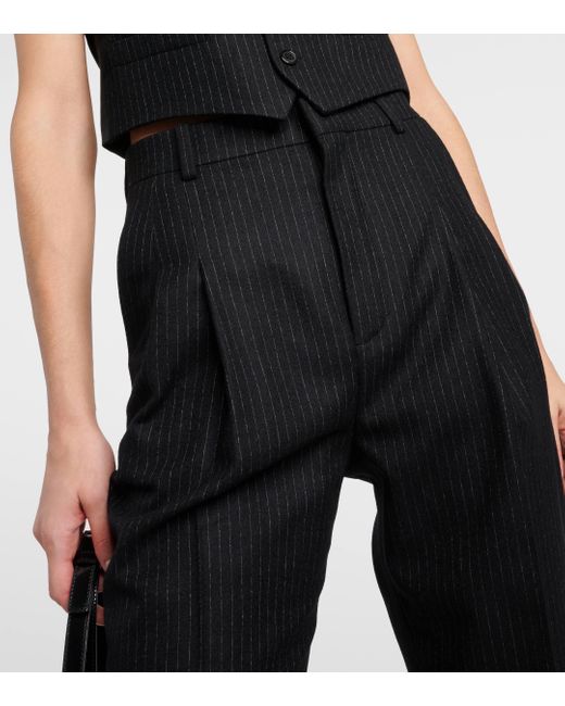 Pantalon ample raye a taille haute en laine Saint Laurent en coloris Black