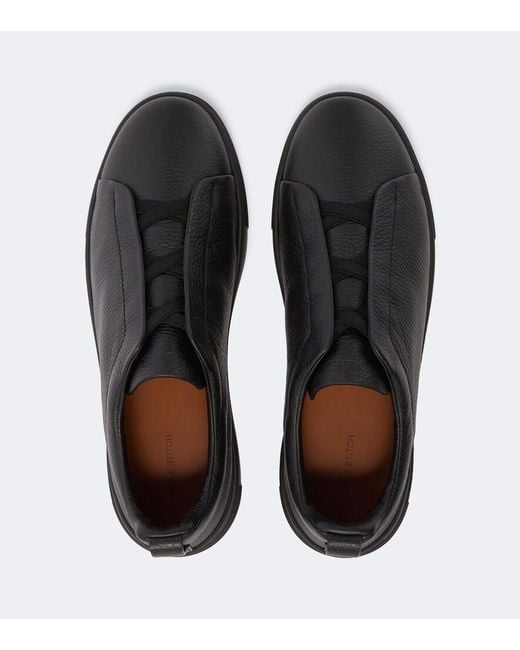 Zegna Black Triple Stitch Leather Sneakers for men