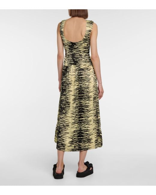 Ganni Tiger-print Satin Midi Dress in Metallic | Lyst UK