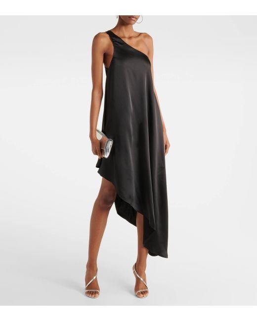 Norma Kamali Black Asymmetric One-shoulder Satin Midi Dress