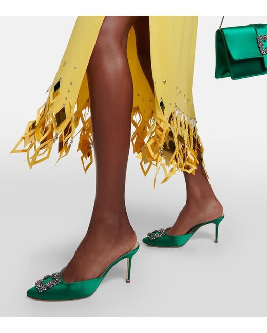 Manolo Blahnik Green Hangisimu 70 Embellished Satin Mules