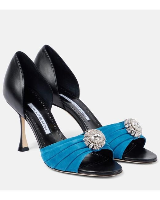 Manolo Blahnik Blue Verzierte Sandalen Ansak 90 Aus Veloursleder