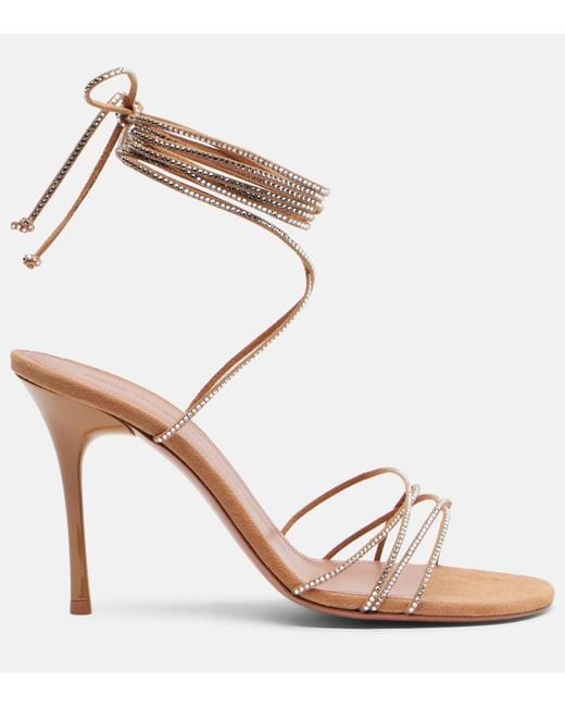 AMINA MUADDI Pink Lori 95 Embellished Suede Sandals
