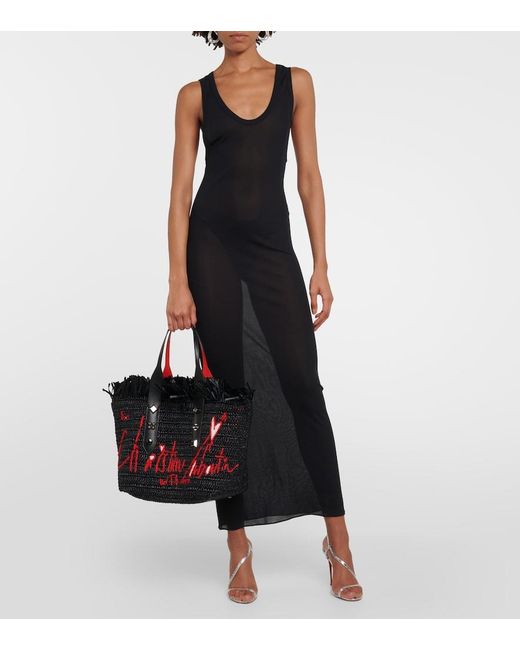 Christian Louboutin Black Frangibus Medium Embroidered Raffia Tote Bag