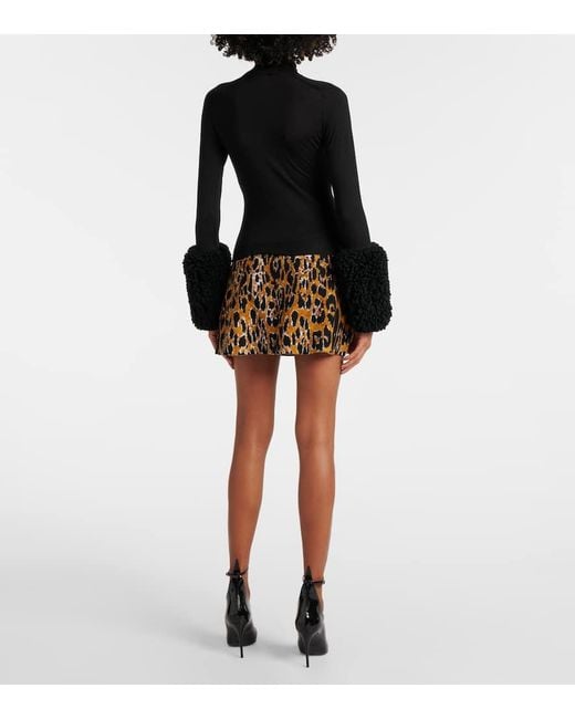 Alaïa Blue Faux Fur-Trimmed Wool Turtleneck Top