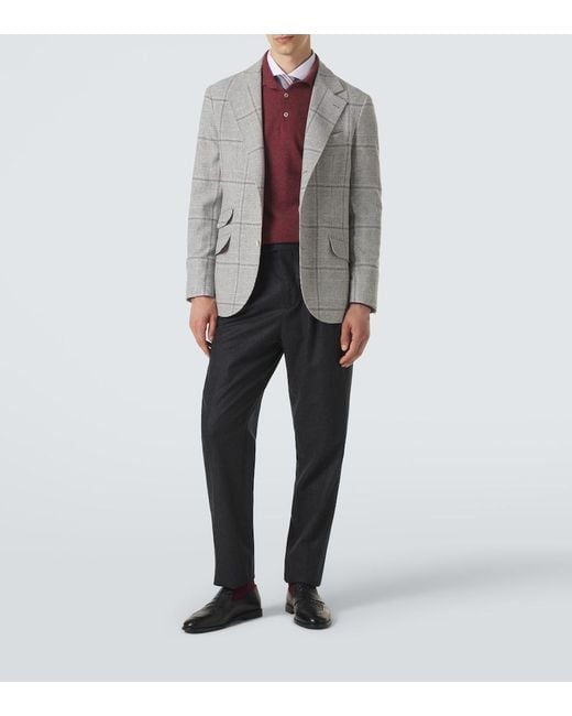 Brunello Cucinelli Gray Checked Silk, Wool, And Cashmere Blazer for men
