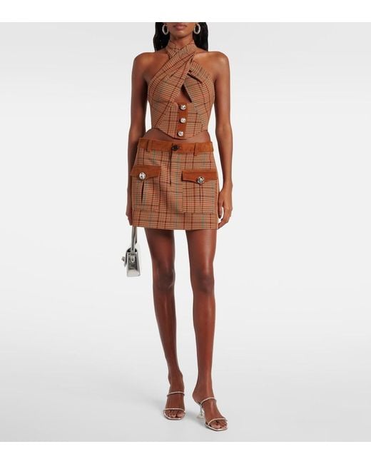 Area Brown Checked Halterneck Wool-Blend Top