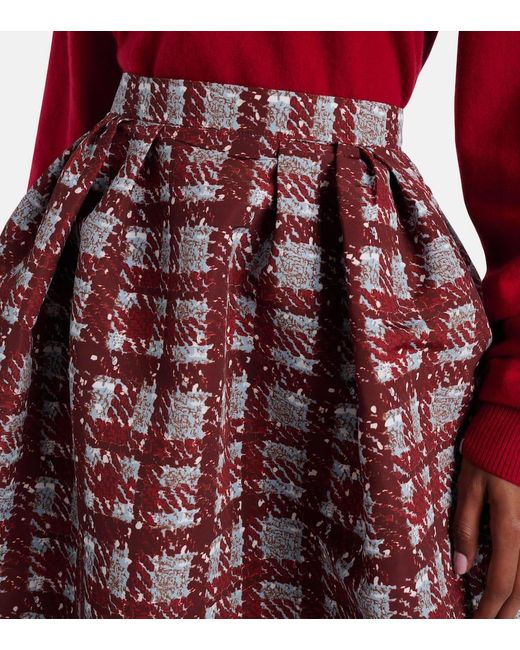 Oscar de la Renta Red Plaid Faille Midi Skirt