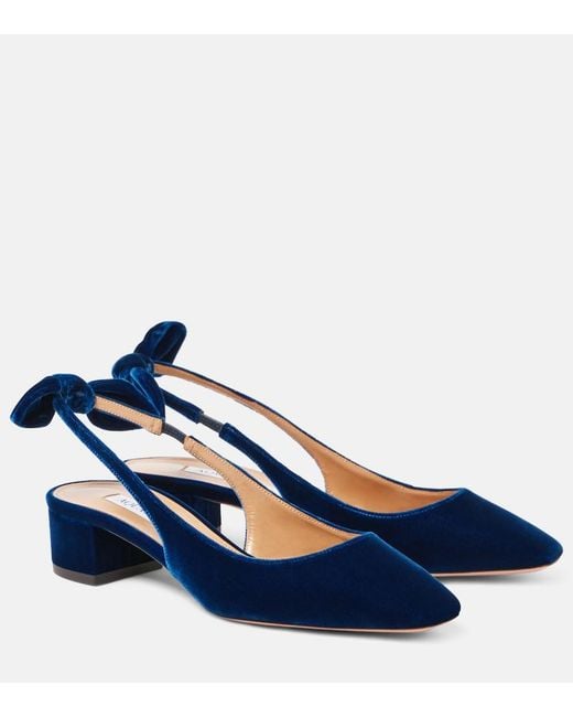 Aquazzura Blue Very Bow Tie 35 Velvet Slingback Pumps