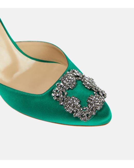 Manolo Blahnik Green Hangisimu 70 Embellished Satin Mules