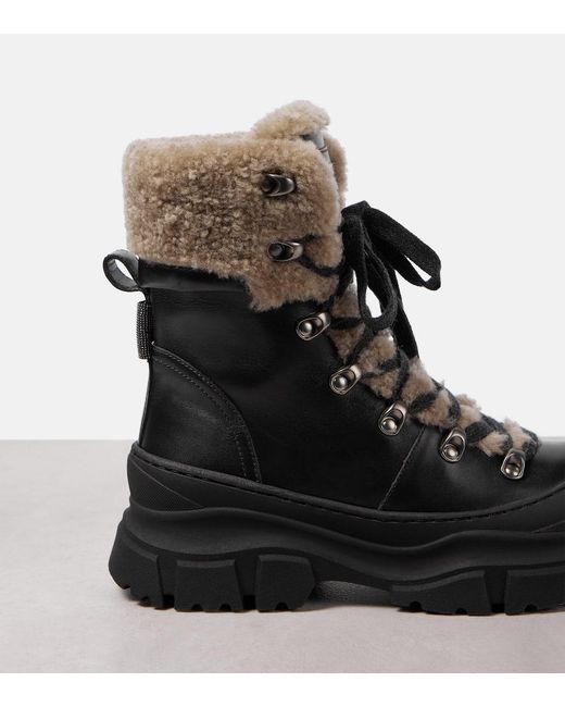 Brunello Cucinelli Black Schnuerstiefel Aus Leder Mit Shearling
