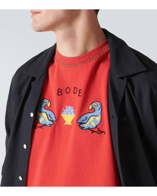 Bode Besticktes T-Shirt Twin Parakeet aus Baumwolle in Red für Herren