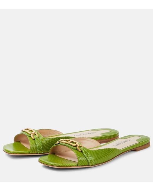 Tom Ford Green Whitney Snake-Effect Leather Slides