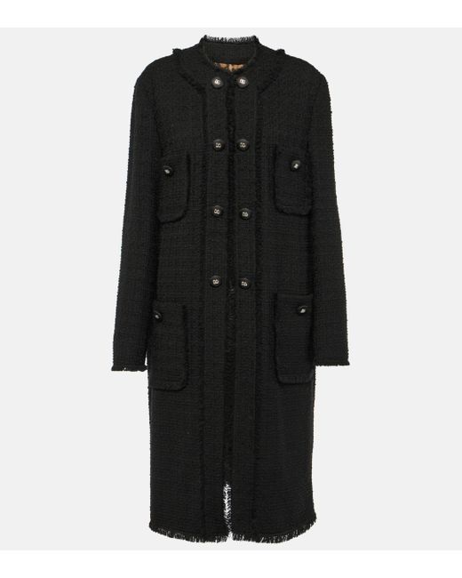 Dolce & Gabbana Black Fringed Wool-blend Tweed Coat