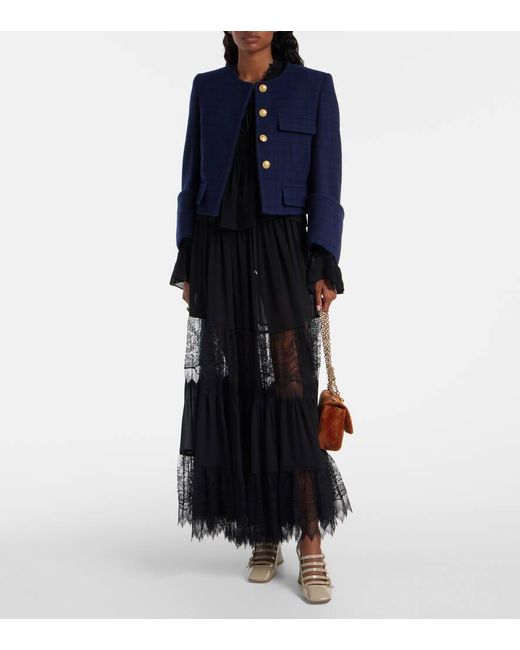 Chloé Black Gathered Lace-Trimmed Silk Georgette Blouse