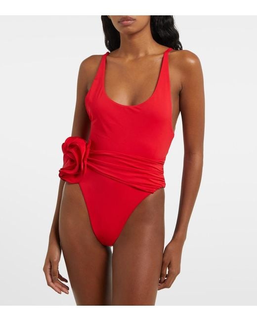 Magda Butrym Red Floral-Applique Ruched Swimsuit