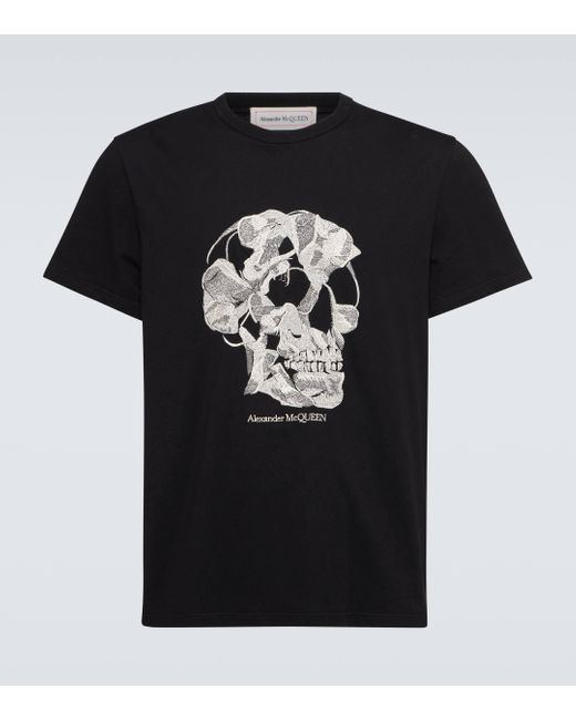 Alexander McQueen Black Skull Embroidered Cotton Jersey T-shirt for men