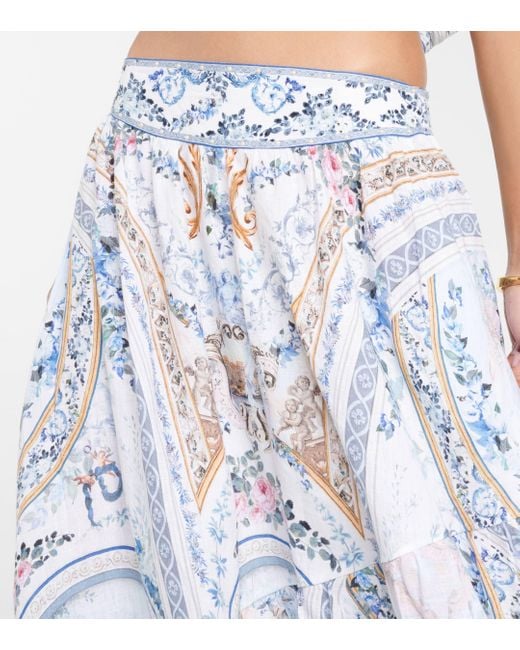 Camilla Blue Embellished Floral Linen Maxi Skirt