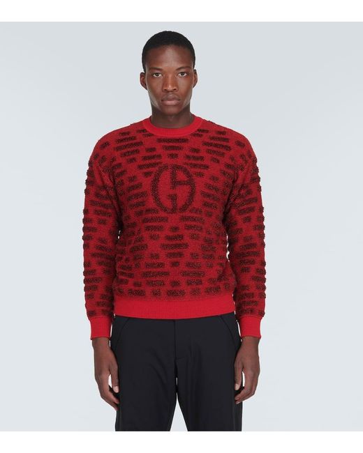 Giorgio Armani Red Logo Jacquard Wool-Blend Sweater for men