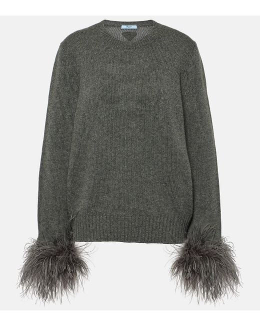 Prada Gray Feather-trimmed Cashmere Sweater