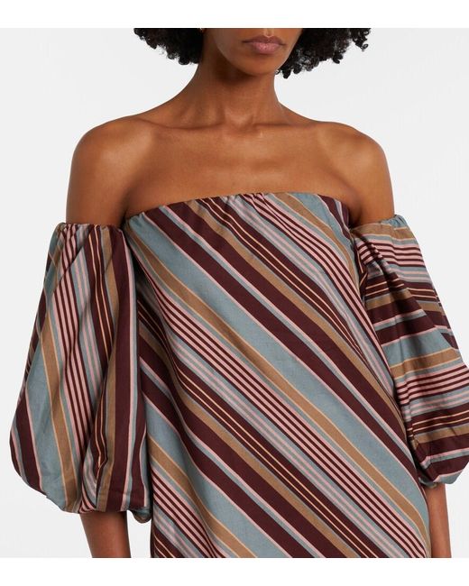 Adriana Degreas Purple Striped Off-Shoulder Cotton-Blend Maxi Dress
