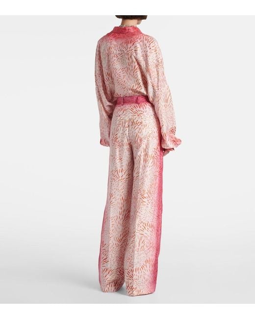 Dries Van Noten Pink Printed Silk Wide-Leg Pants