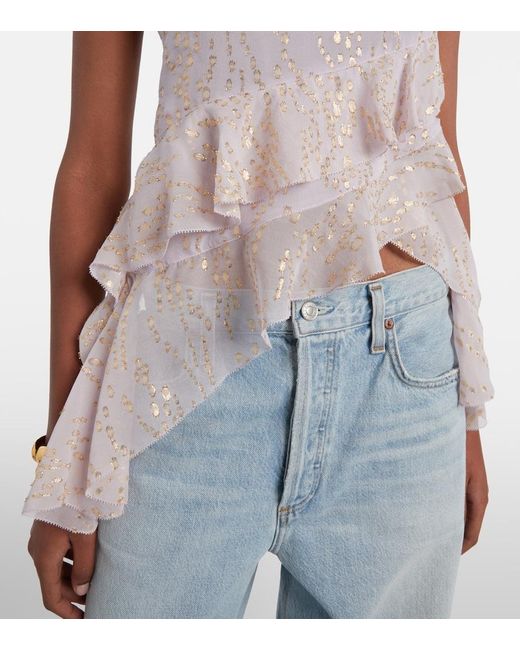 JACQUES WEI Pink Printed Ruffled Asymmetric Silk-Blend Top