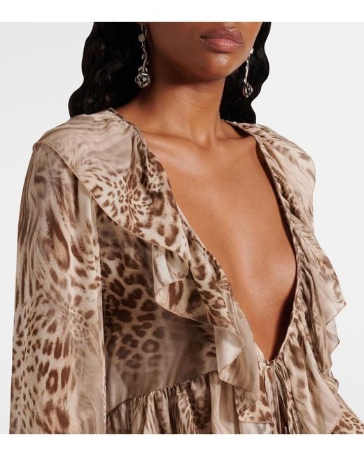 Blumarine Brown Ruffled Leopard-Print Chiffon Top
