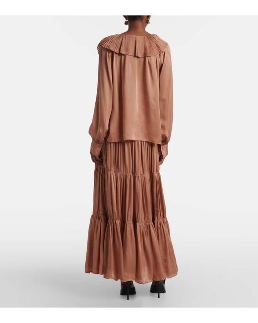 Ulla Johnson Orange Liese Pleated Silk Satin Blouse