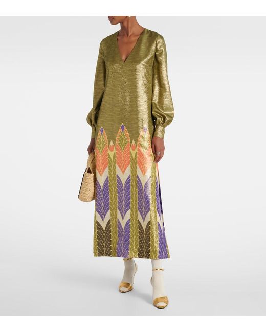 Valentino Green Voyage Imaginaire Lame Maxi Dress