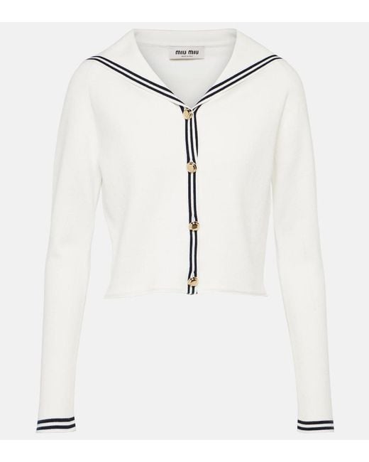 Miu Miu White Striped Cotton-Blend Cardigan
