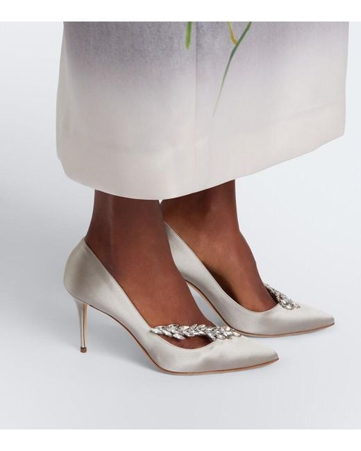 Manolo Blahnik White Nadira Embellished Satin Pumps