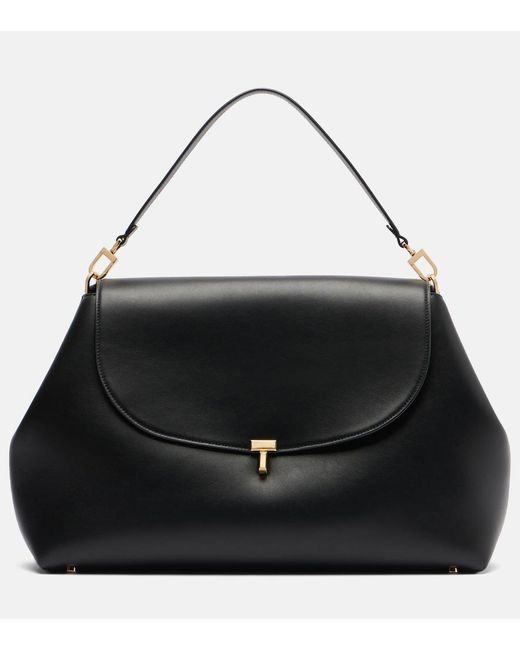 Totême Black T-Lock Medium Leather Tote Bag