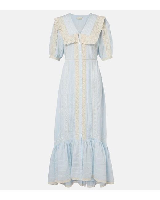 Rixo Blue Edina Embroidered Cotton Midi Dress