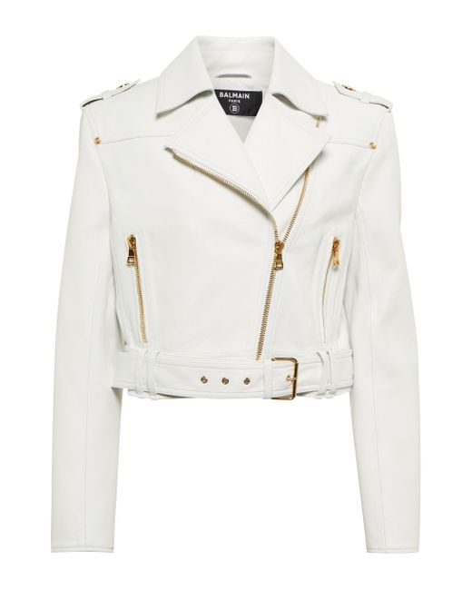 Balmain White Leather Biker Jacket