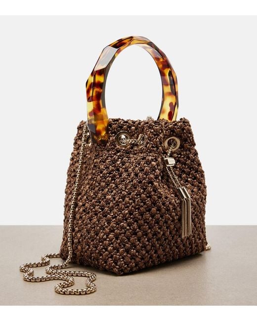 Jimmy Choo Brown Bon Bon Small Raffia-Effect Bucket Bag