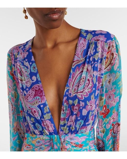 Rixo Blue Meera Floral Gathered Chiffon Maxi Dress