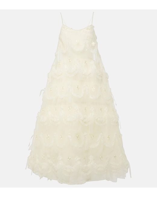 Simone Rocha White Embroidered Ruffled Tulle Midi Dress