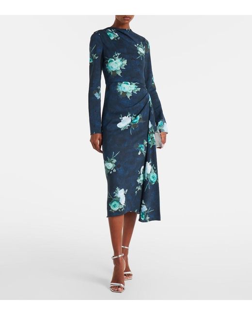 Erdem Blue Floral Stretch Cady Draped Midi Dress
