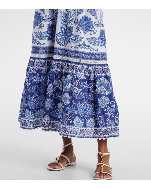Farm Rio Blue Floral Tiered Cotton Maxi Dress