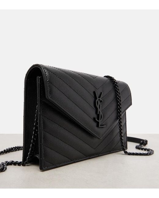 Saint Laurent Black Cassandre Envelope Small Leather Wallet On Chain