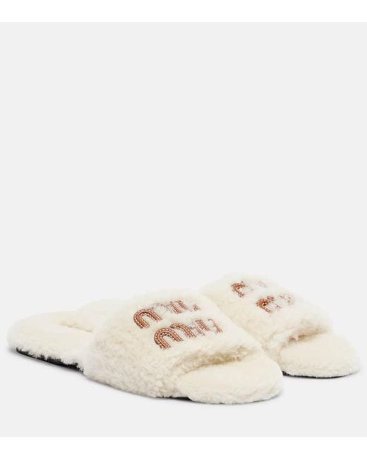 Miu Miu Natural Logo Leather-Trimmed Shearling Slides