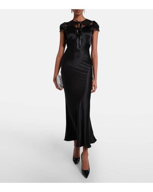 Rodarte Black Lace-Trimmed Silk Satin Maxi Dress