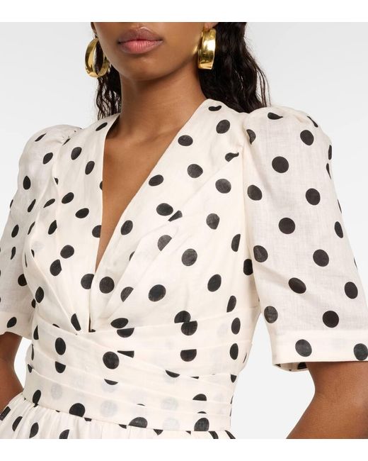 chinese dress ladies Zimmermann Crush V Neck Midi Dress, Cream/Black Dot, Size 4, 100% Linen