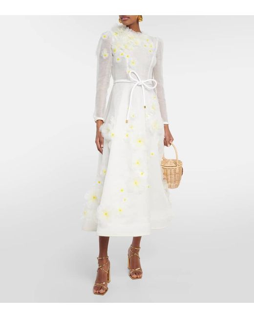 Zimmermann White Daisy Floral-applique Linen And Silk Midi Dress