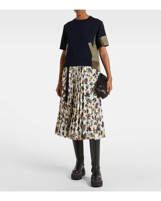 Sacai Blue Paneled Cotton-Blend T-Shirt