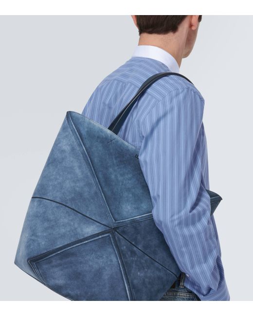 Loewe Blue Puzzle Fold Large Suede Tote Bag for men