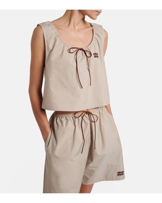 Miu Miu Natural Leather-Trimmed Cotton-Blend Crop Top