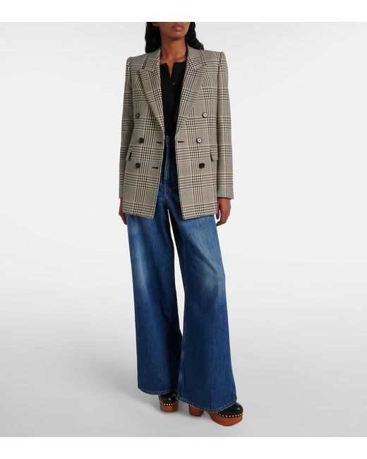 Chloé Gray Double-Breasted Checked Wool Blazer